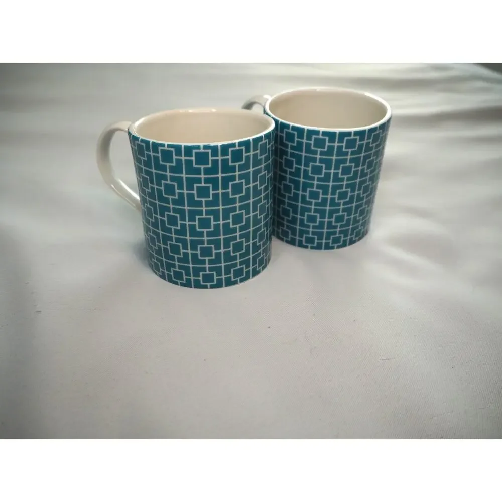 Jonathan Adler Happy Chic Turquoise Geometric Square Grid Coffee Mugs Set of 2
